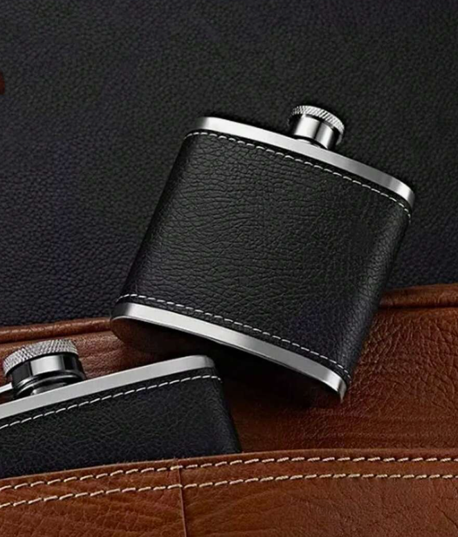 Black Leather & Stainless Steel Hip Flask