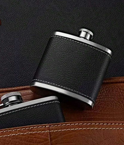 Black Leather & Stainless Steel Hip Flask